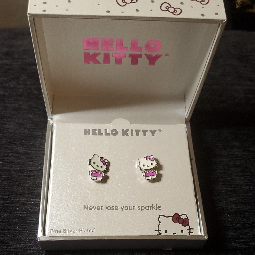 Hello Kitty Pink White Stud Pierced Earrings Front Back Style Fine Silver Plate